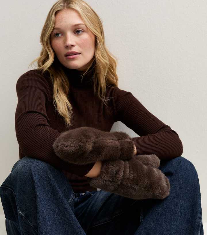 Dark Brown Faux Fur Mittens