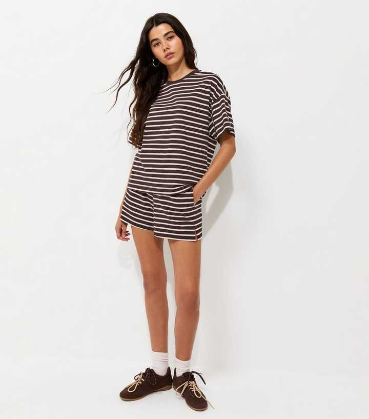 Brown Cotton Striped Side Split Shorts