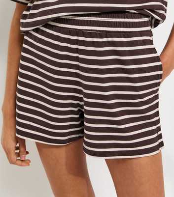 Brown Cotton Striped Side Split Shorts