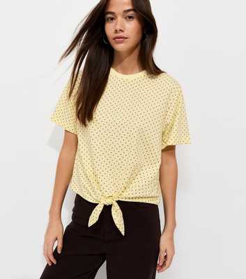 Yellow Cotton Polka Dot Tie Front T-Shirt