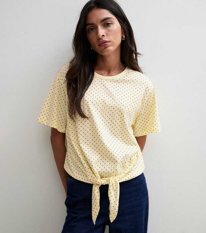 Yellow Cotton Polka Dot Tie Front T-Shirt