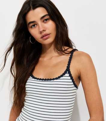 White Cotton Rich Striped Daisy Trim Cami Top