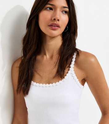 White Cotton Rich Daisy Trim Scoop Neck Vest Top