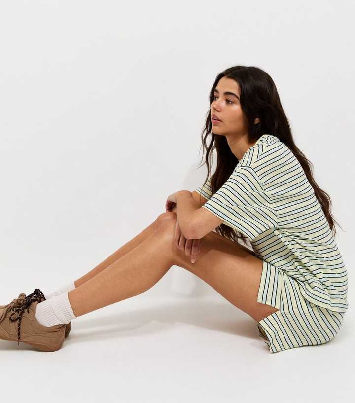 Yellow Cotton Striped Side Split Shorts