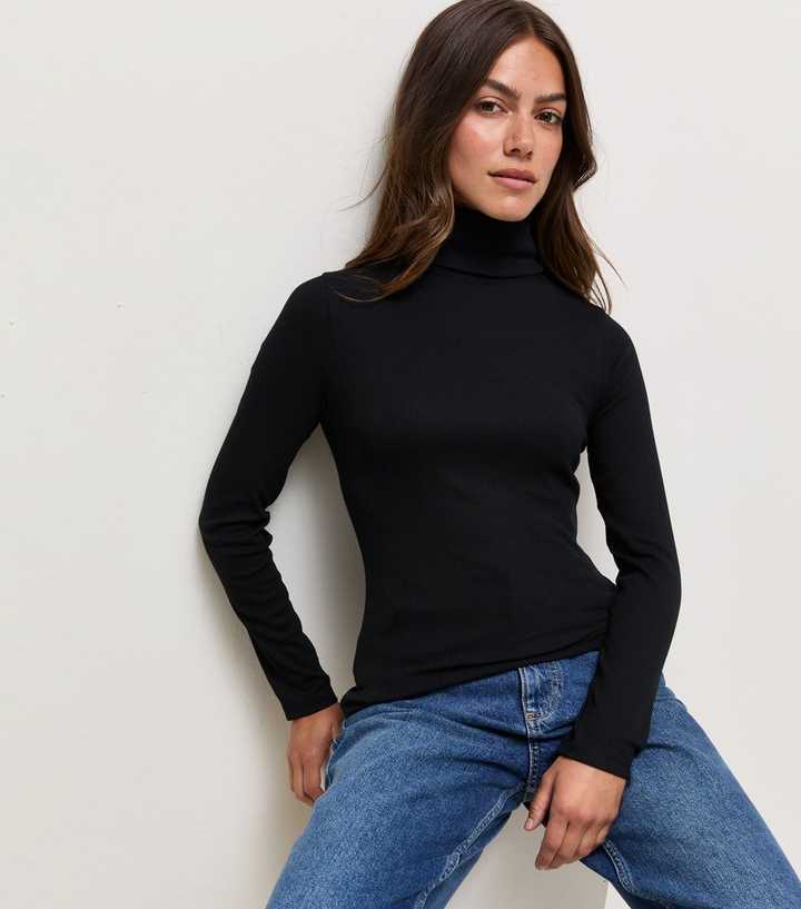 Petite Black Cotton Rich Rib Roll Neck Top