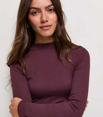 Petite Dark Purple Cotton Rich Rib Stand Neck Long Sleeve Top