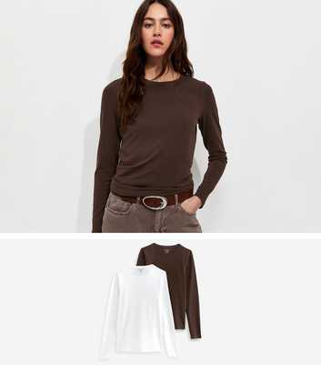 Brown and White Pack Of 2 Long Sleeve Crew Neck T-Shirts