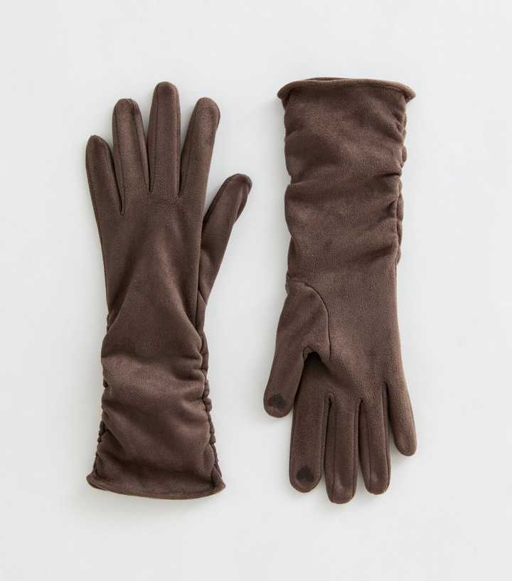 Camel Faux Suede Ruched Gloves