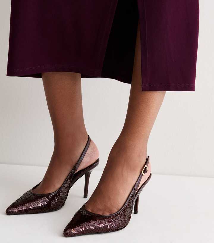 Dark Burgundy Faux Leather Sequin Embellished Slingback Pumps