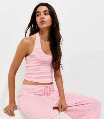 Pink Cotton Rich Striped Scoop Halter Neck Top
