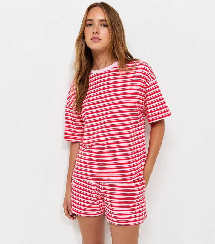 Pink Cotton Striped Boxy Crew Neck T-Shirt