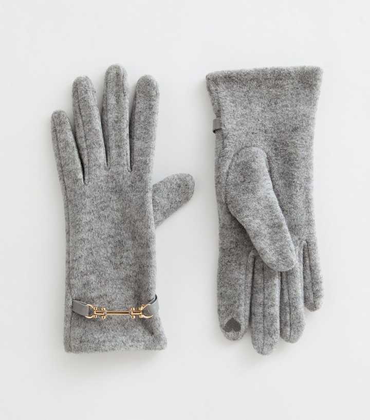 Light Grey Felt Buckle Detail Gloves