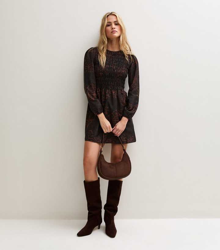 Brown Printed Shirred Long Sleeve Smock Dress