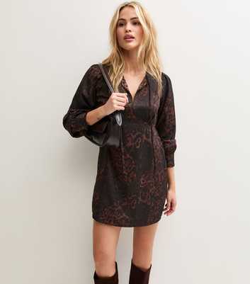 Brown Satin Leopard Print Front Neck Tie Long Sleeve Mini Dress