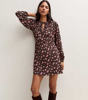 Brown Crepe Ditsy Print Long Sleeve Tie Neck Mini Dress