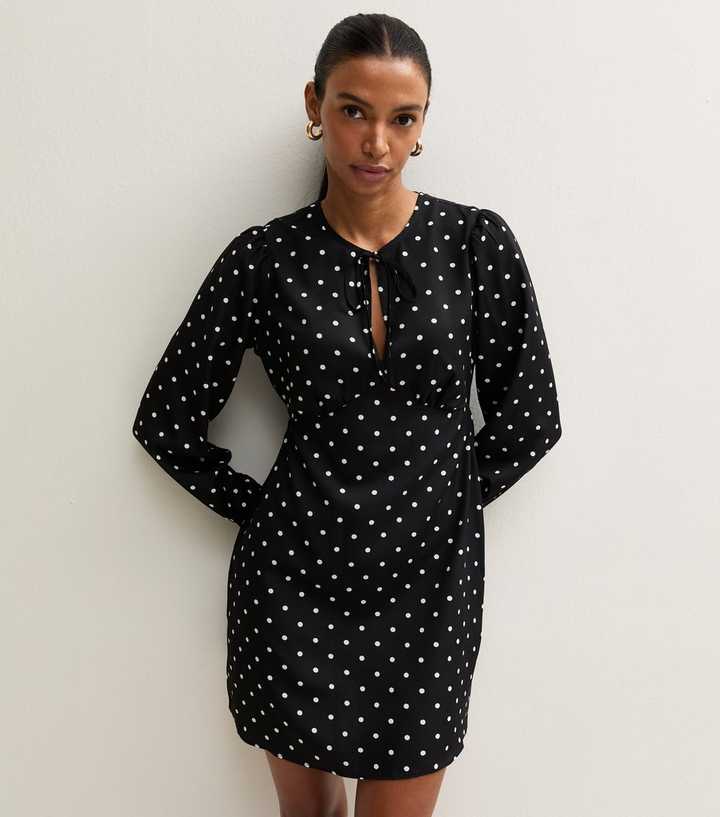 Black Polka Dot Crepe Long Sleeve Keyhole Mini Dress