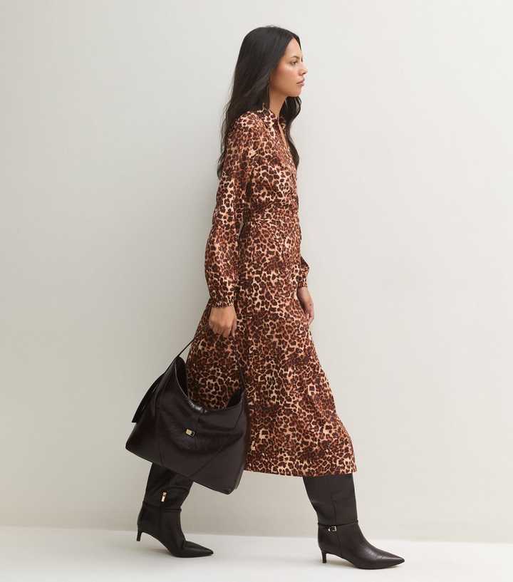 Brown Long Sleeve Leopard Print Midi Shirt Dress