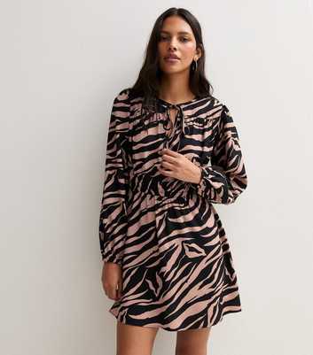 Light Pink Zebra Print Neck Tie Long Sleeve Mini dress