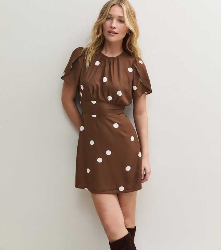 Brown Spot Print Flutter Sleeve Mini Dress