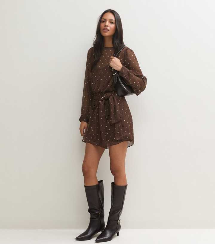 Brown Chiffon Polka Dot Belted Long Sleeve Mini Dress
