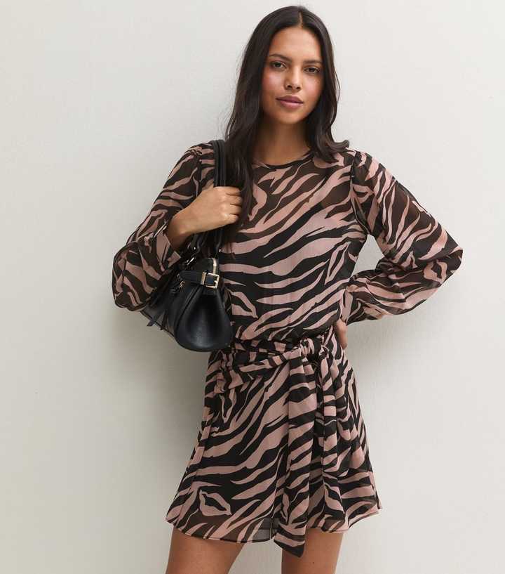 Black Chiffon Zebra Print Belted Mini Dress