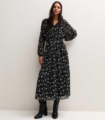 Black Ditsy Print Chiffon Frill Tie Midi Dress