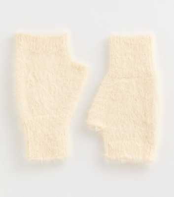 Light Yellow Fluffy Knit Fingerless Gloves