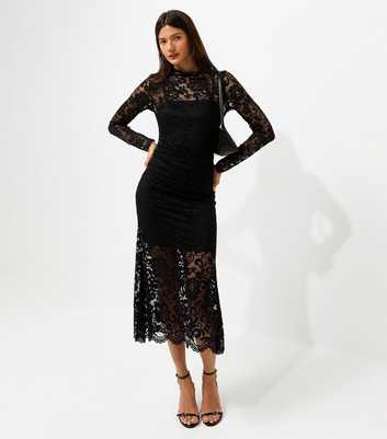 Black Lace High Neck Long Sleeve Midi Dress