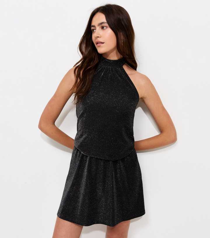 Black Glitter Jersey Halterneck Mini Dress