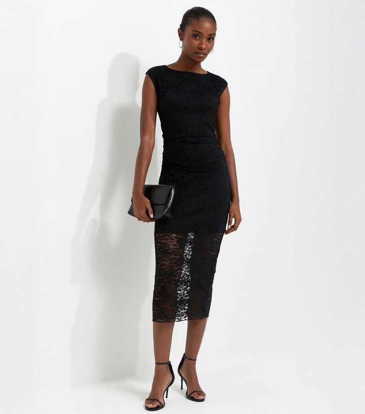 Black Lace Ruched Side Sleeveless Midi Dress