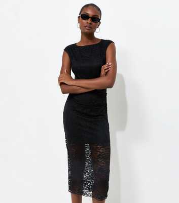 Black Lace Ruched Side Sleeveless Midi Sleeve