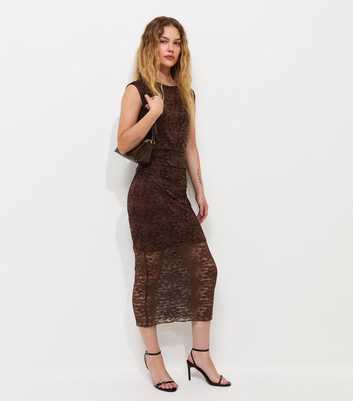 Dark Brown Lace Ruched Side Sleeveless Midi Sleeve Dress