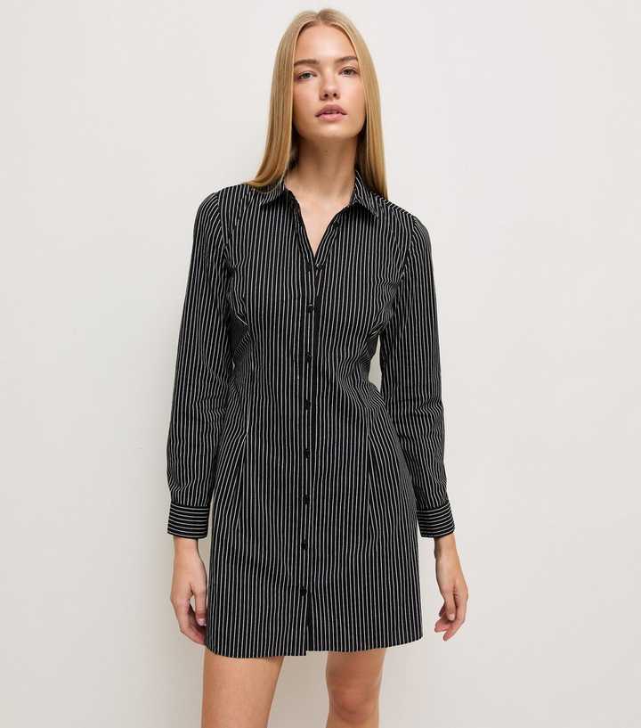 Black Pinstripe Fitted Long Sleeve Shirt Mini Dress