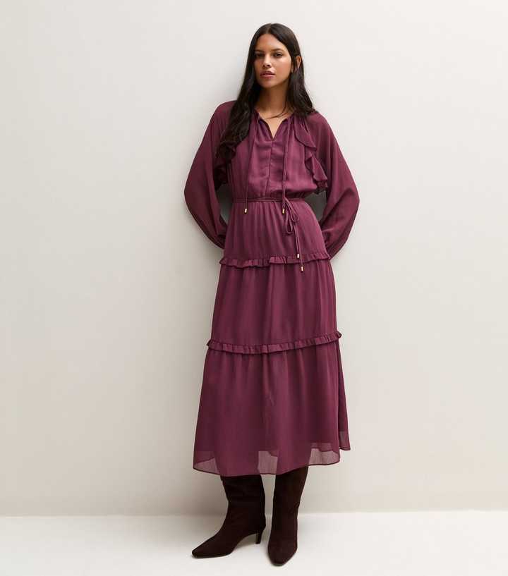 Burgundy Chiffon Frill Tie Midi Dress