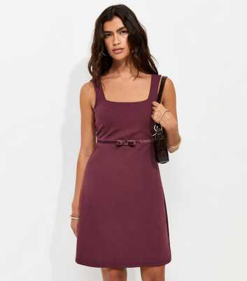 Dark Burgundy Cotton Rich Velvet Underbust Bow Ponte Jersey Mini Dress