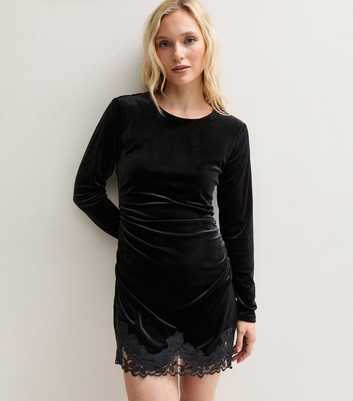 Petite Black Velvet Lace Hem Mini Dress