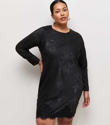 Curves Black Satin Jacquard Long Sleeve Mini Dress