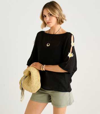 Gini London Black Daisy Applique Crochet Top