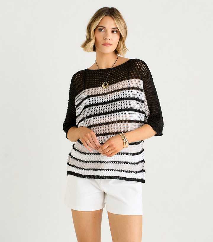Gini London Black Striped Crochet Round Neck Top