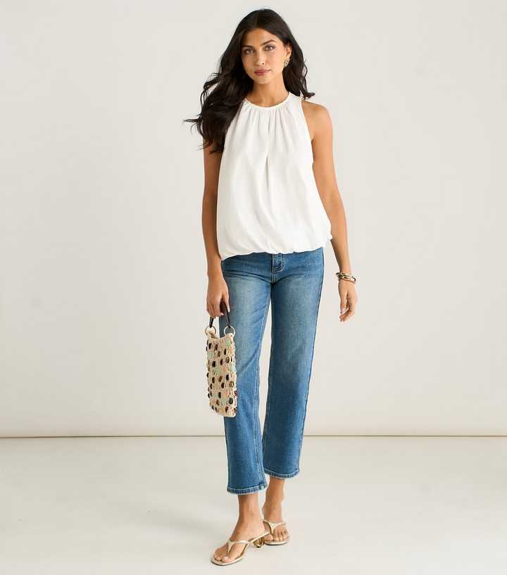 Gini London White Puffball Hem High Neck Top