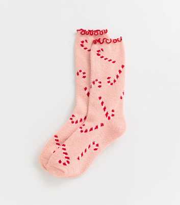 Pink Christmas Candy Cane Pattern Cosy Knit Socks
