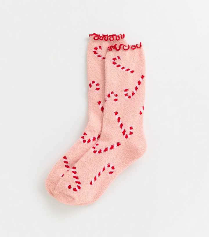 Pink Christmas Candy Cane Pattern Cosy Knit Socks