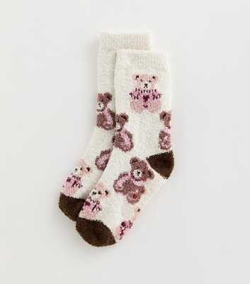 Cream Fluffy Teddy Bear Patterned Ankle Socks