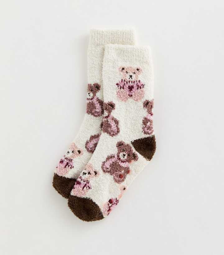 Cream Fluffy Teddy Bear Patterned Ankle Socks