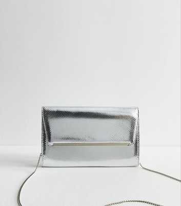 Silver Faux Leather Lizard Texture Metallic Bar Clutch