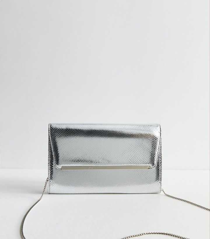 Silver Faux Leather Lizard Texture Metallic Bar Clutch