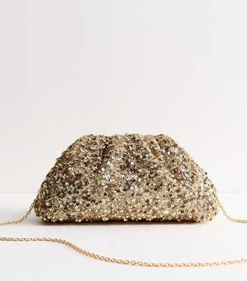 Gold Sequin Embellished Gathered Frame Clutch