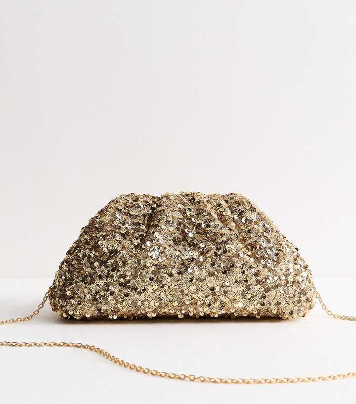 Gold Sequin Embellished Gathered Frame Clutch