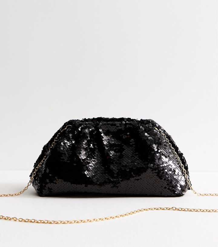 Black Sequin Embellished Gathered Clutch Bag
