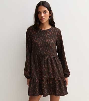 Brown Printed Long Sleeve Tiered Mini Dress